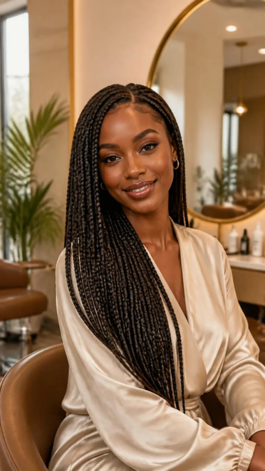 Jeune femme souriante aux longues tresses dans un salon de beauté lumineux aux touches dorées